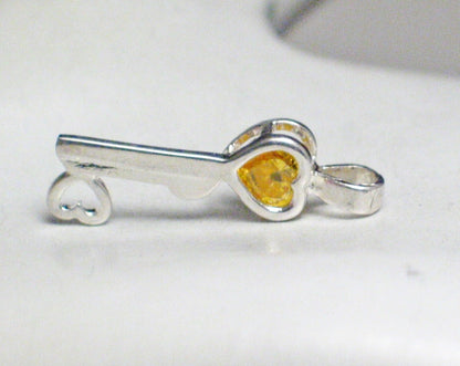 Birthstone Charm, Womens Pre-owned Sterling Silver Citrine Yellow Cz Heart Key Pendant- Blingschlingers Jewelry