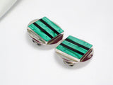 Silver Earrings | Bold Sterling Geometric Black Green Malachite Stone Circle Earrings | Estate Jewelry online