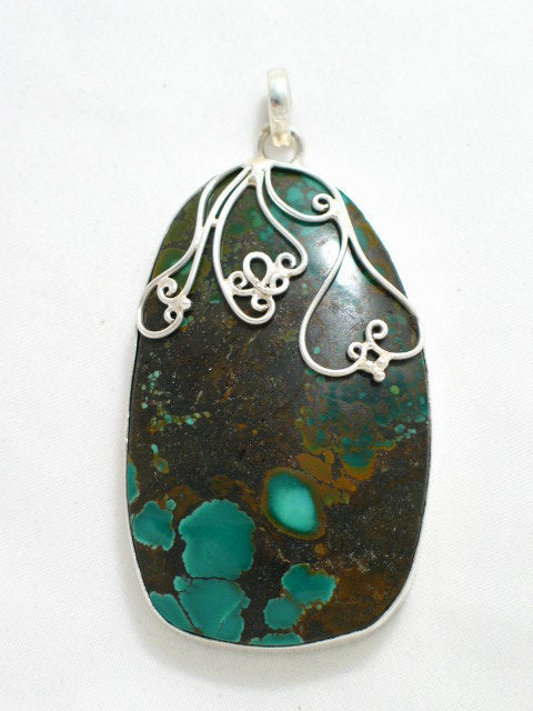 Silver Pendants | Womens Large Sterling Silver Turquoise Chrysocolla Stone Pendant | Jewelry