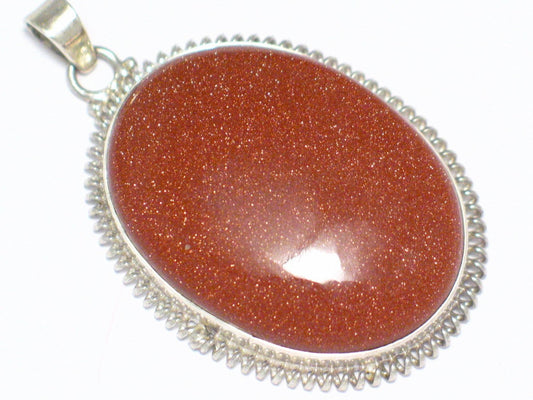 Large Pendant, Sterling Silver Glittery Coppery Goldstone Stone Pendant - Blingschlingers Jewelry