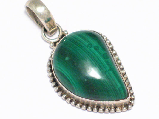 Stone Pendant, Banded Pinstripe Design Green Malachite Sterling Silver Pendant