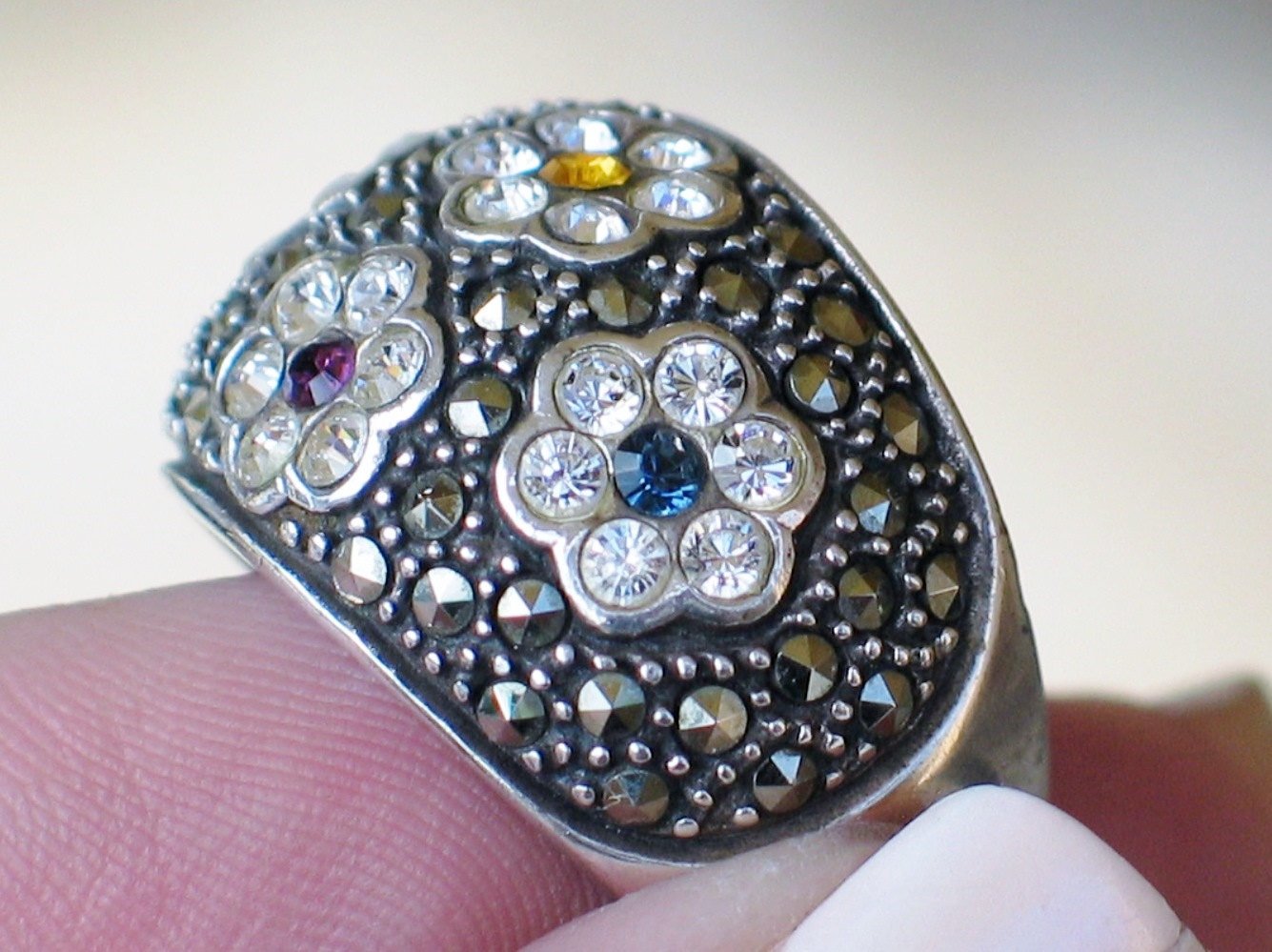 Silver Rings | Womens Sterling Silver Crystal & Marcasite Flower Wide Band | Jewelry