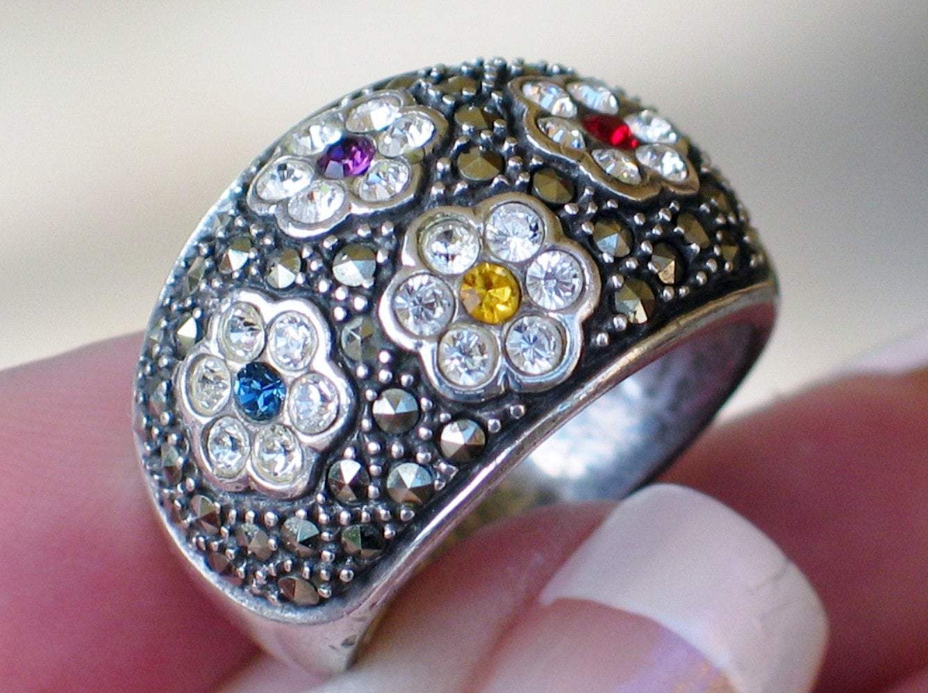 Silver Rings | Womens Sterling Silver Crystal & Marcasite Flower Wide Band | Jewelry