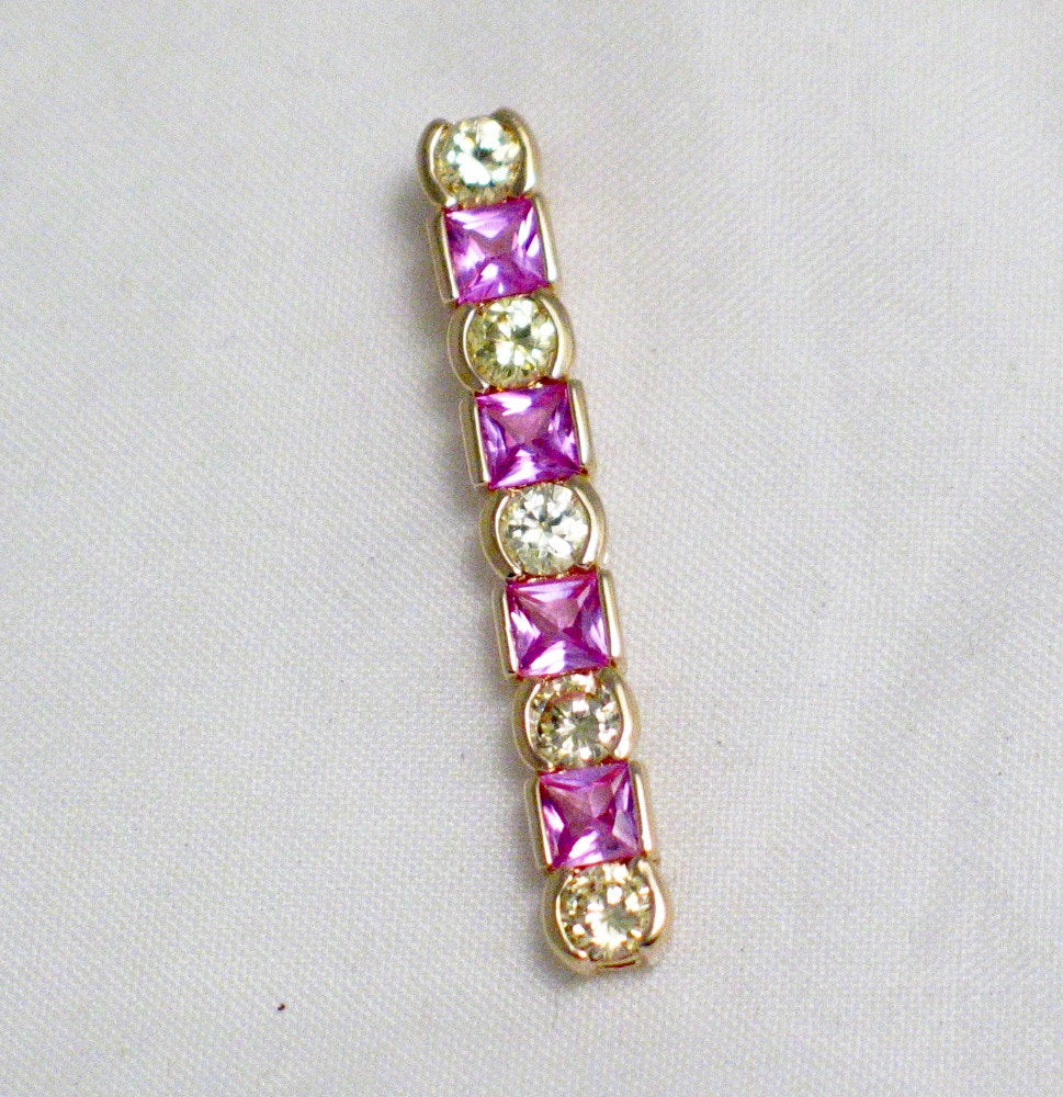 Bar Pendant, Womens Glittering Gold Sterling Silver Pink + Canary Yellow Zirconia Line Pendant