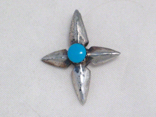 Turquoise Pendant, Vintage Blue Stone 4 Point Star of Bethlehem Cross, Sterling Silver Pendant