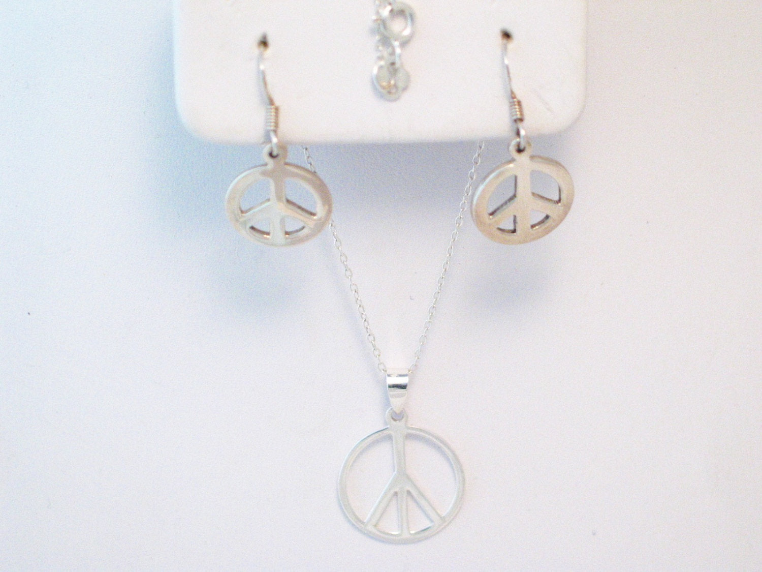 Statement Jewelry, Sterling Silver Peace Sign Symbol Design Earrings & Pendant Necklace set
