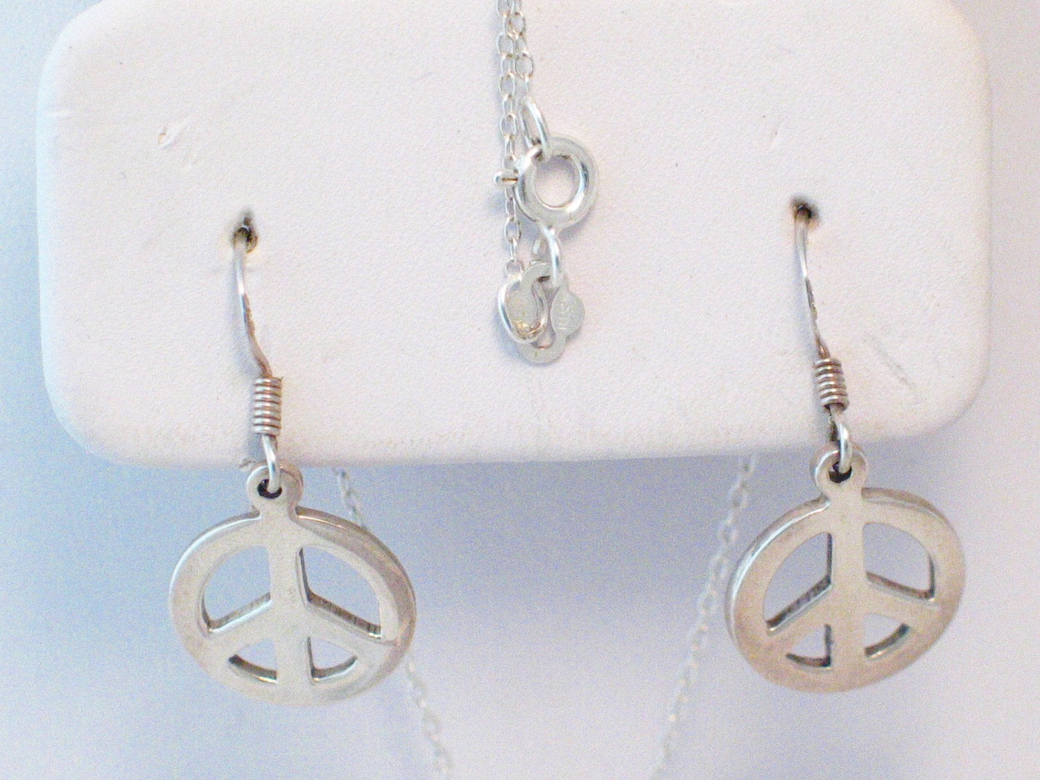 Statement Jewelry, Sterling Silver Peace Sign Symbol Design Earrings & Pendant Necklace set