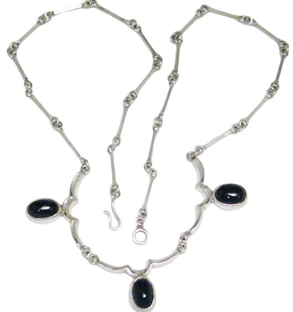 Station Necklace, Sterling Black Onyx Silver Scallop & Bar Link Stone Necklace