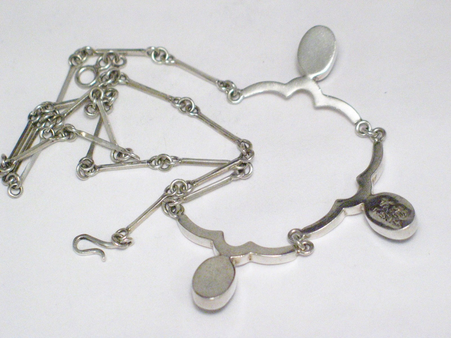 Station Necklace, Sterling Black Onyx Silver Scallop & Bar Link Stone Necklace