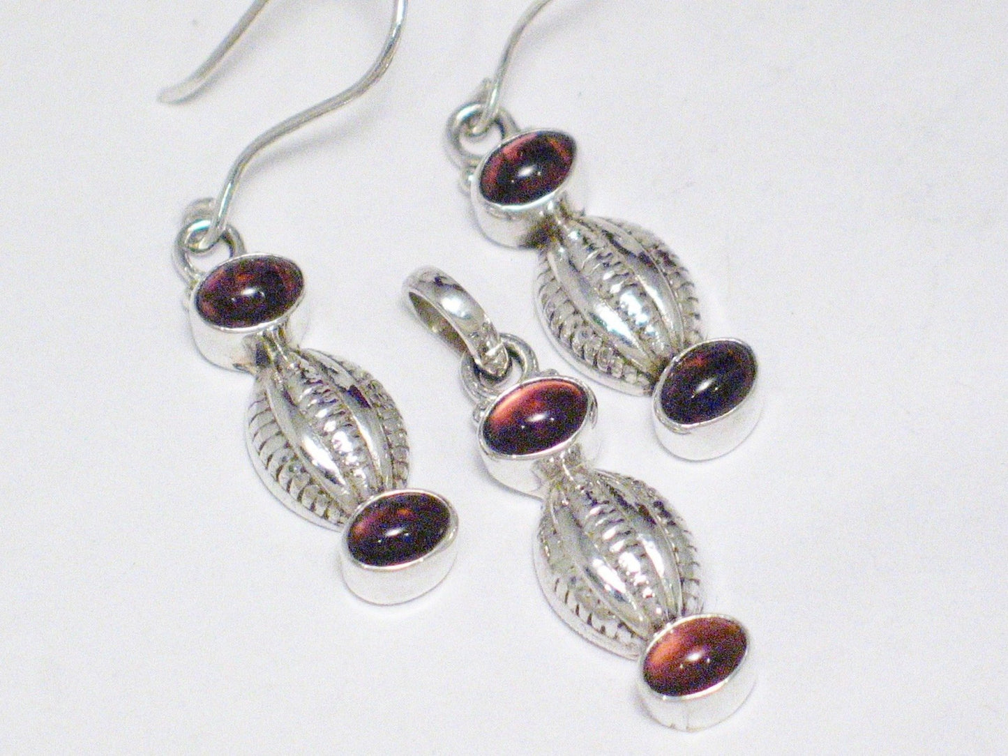 Earrings & Pendant set, Sterling Silver Garnet Red Cz Stone Matching Jewelry Set