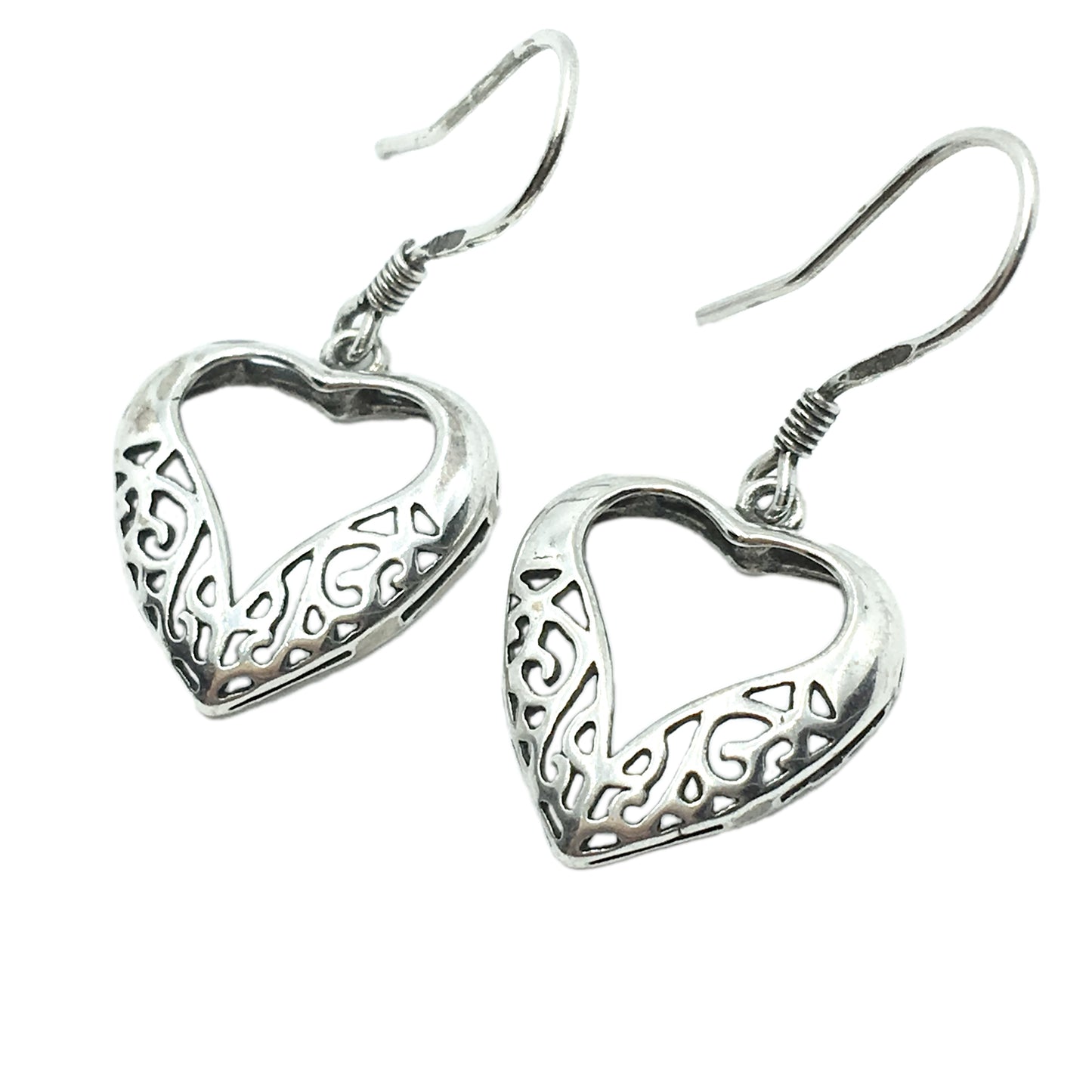 Estate Jewelry | Sterling Silver Filigree Cut-out Design Heart Dangle Earrings - online at Blingschlingers.com USA