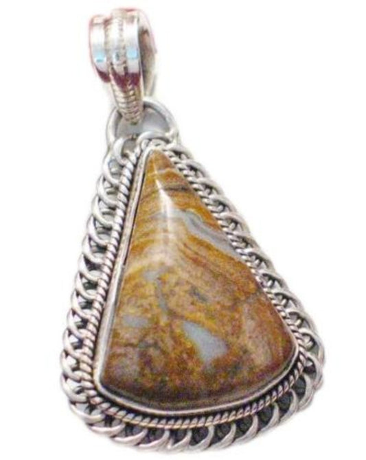 Stone Pendant, Mens Womens Marbled Brown White Teardrop cut Natural Agate Sterling Silver Pendant