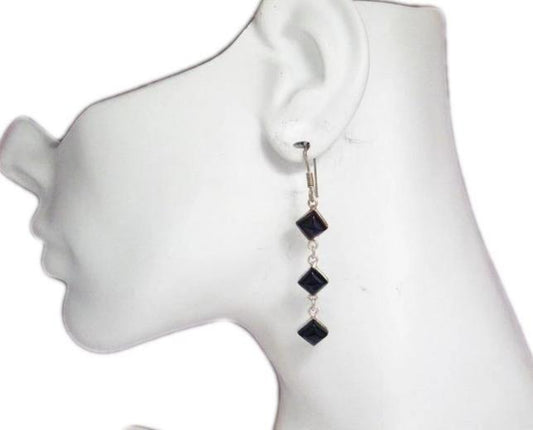 Black Earrings, Womens Long Stylish Onyx Stone Sterling Silver Dangle Earrings
