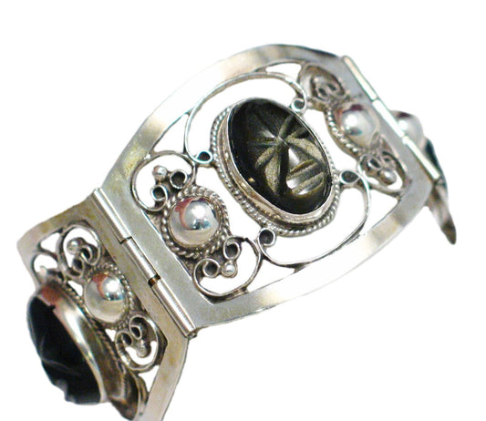 Wide Bracelet, Vintage 1950s FarFan Carved Golden Obsidian Stone Sterling Silver Bracelet - Blingschlingers