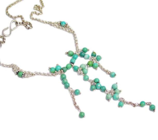 Tassel Necklace, Cascading Green Turquoise Stone Beaded Sterling Silver Y Necklace - Womens Jewelry