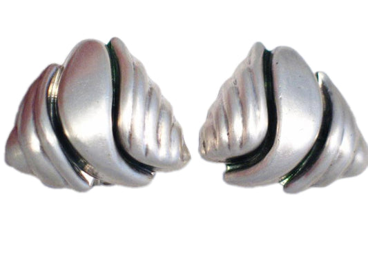 Silver Earrings, 1980s Vintage Geometric Triangle Dome Design Sterling Silver Clip-on Earrings - Estate Jewelry online