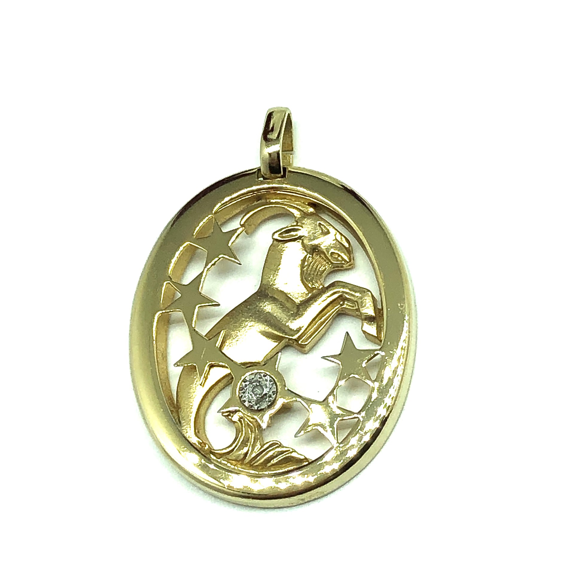 Gold Oval Shadow Box Design Natural Diamond Capricorn Zodiac Pendant | Estate Costume Jewelry